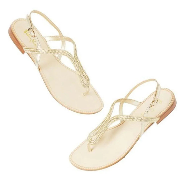 LILLY PULITZER | Delray Gold Sandal with Ankle Strap Flats size 6.5 NWOT - Picture 2 of 8